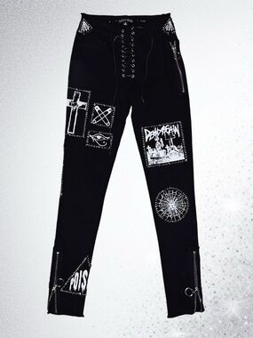 Dolls Kill Gothic Current Mood Punk Lace Up Patchwork Zipper Pants